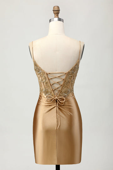 Golden Bodycon Corset Appliqued Short Homecoming Dress with Lace Up Back